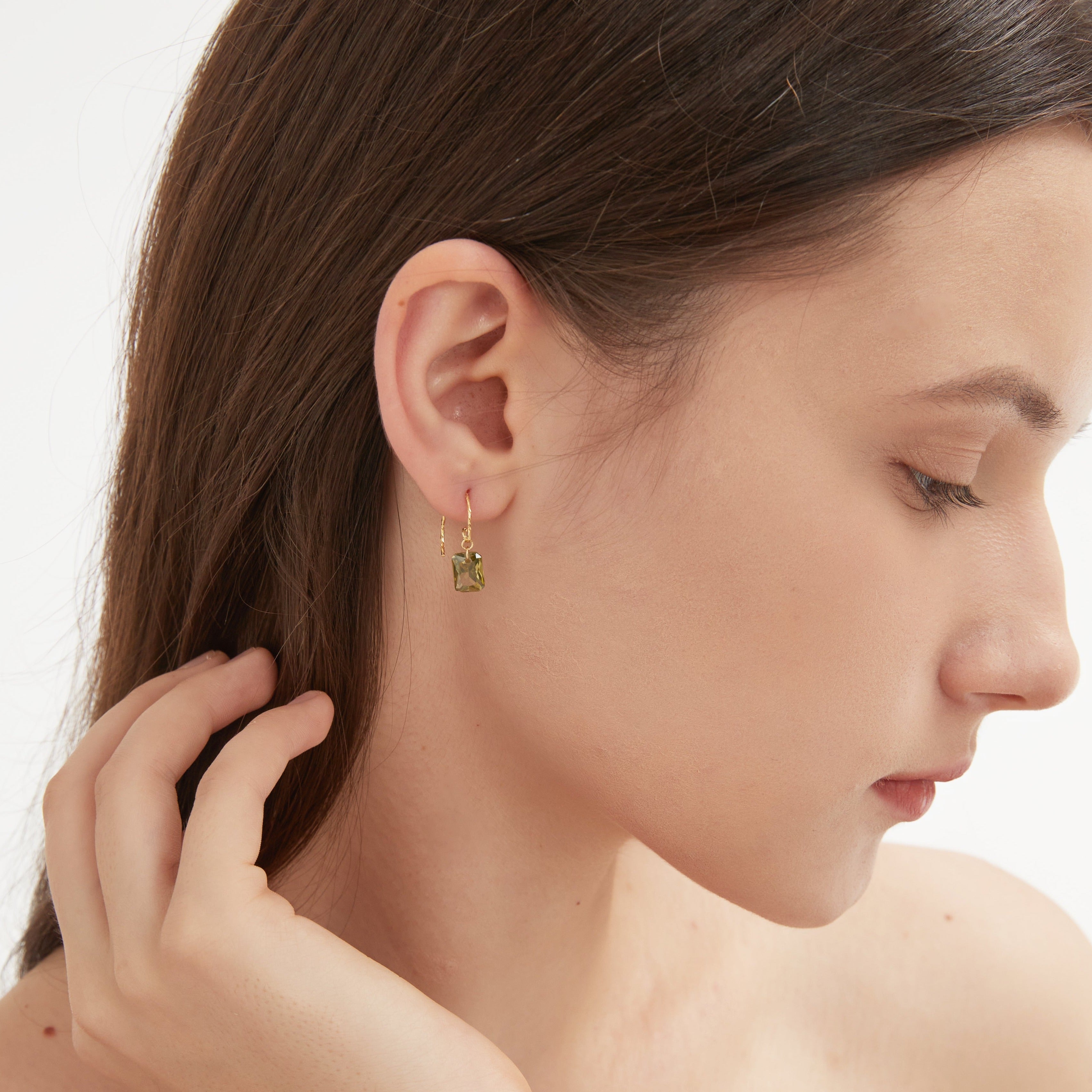 STMG Olive Green Hook Dangle Earrings on ear