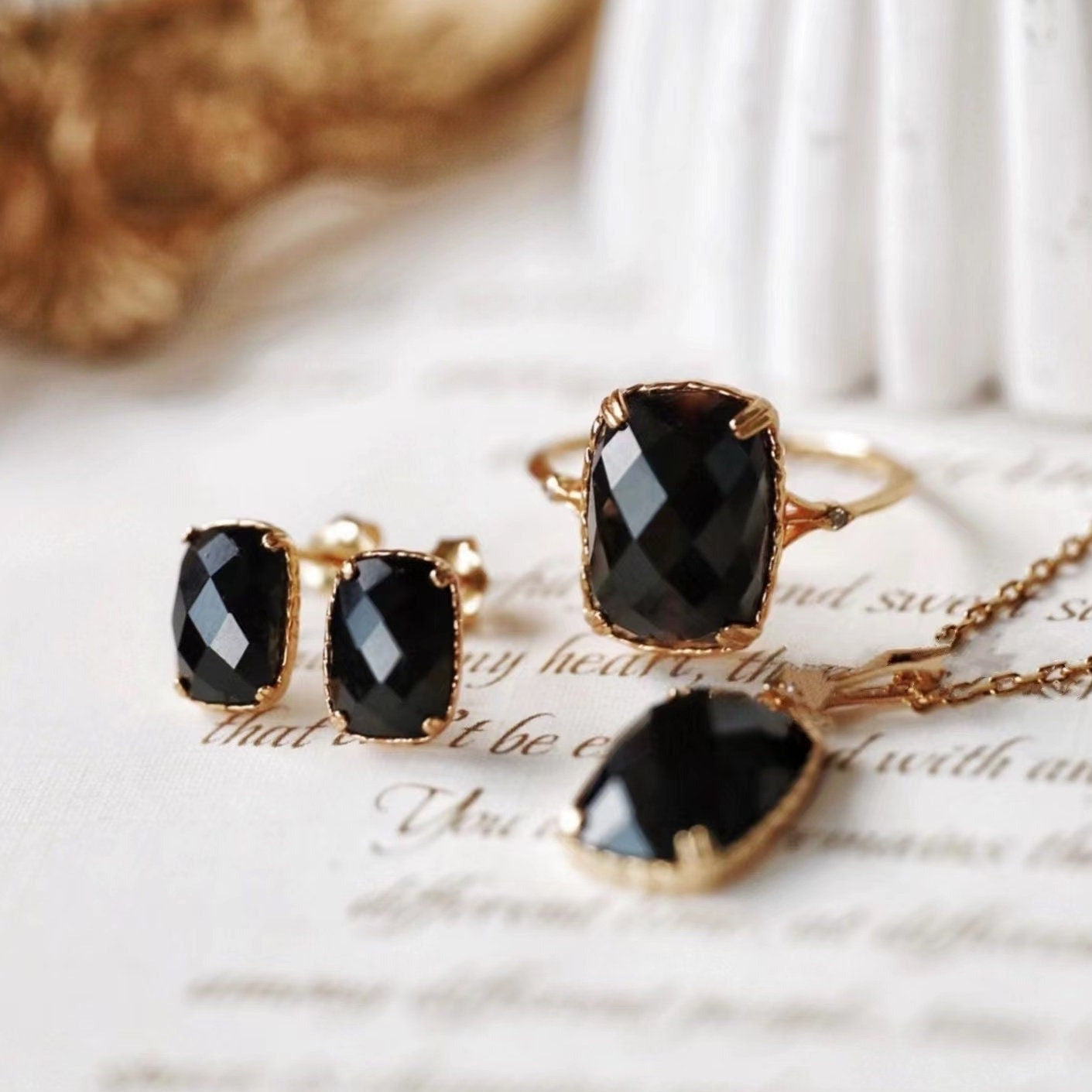STMG Natural Black Agate Stud Earrings with matching ring and necklace
